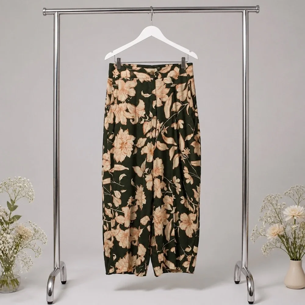 Mango MNG Floral Linen Blend Tapered Pants Green Peach XL High Waist Trousers